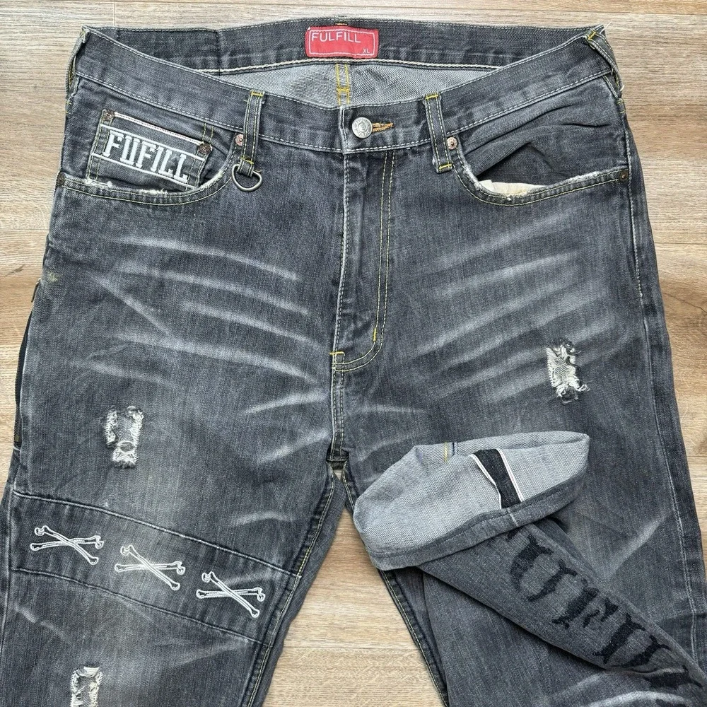 Selvedge Jeans Mens 32x29 Gray Distressed Fade Embroidered Crossbones Streetwear